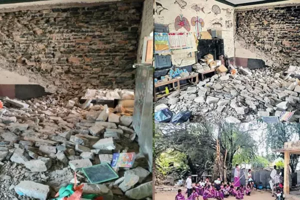 Govt School Building wall collapsed in Hussainapuram Village